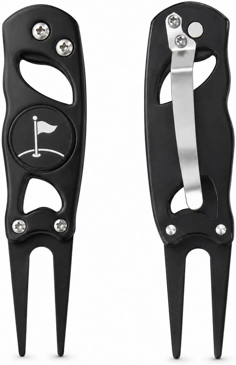 Belt clip golf divot repair tool shown front and back
