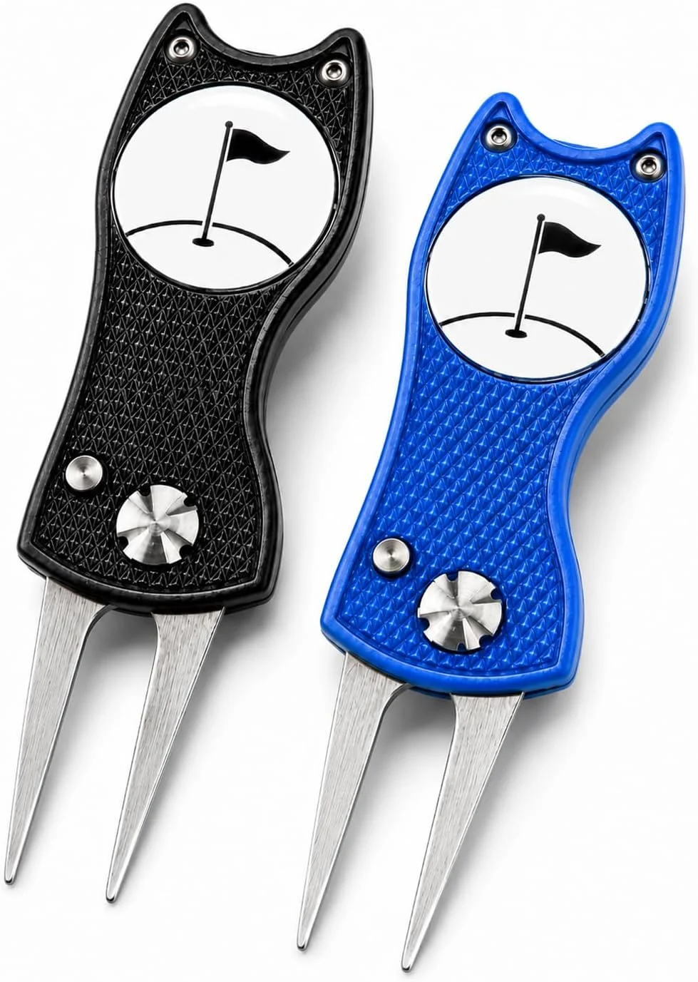 Black and blue foldable golf divot tool two pack