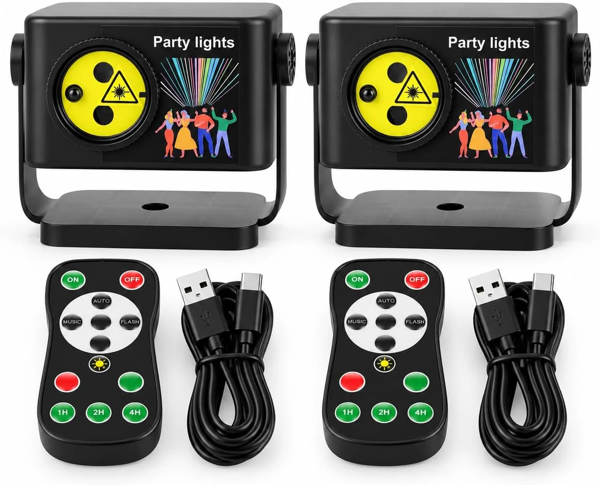 Two W-412 party projector lights with remotes and USB-C cables
